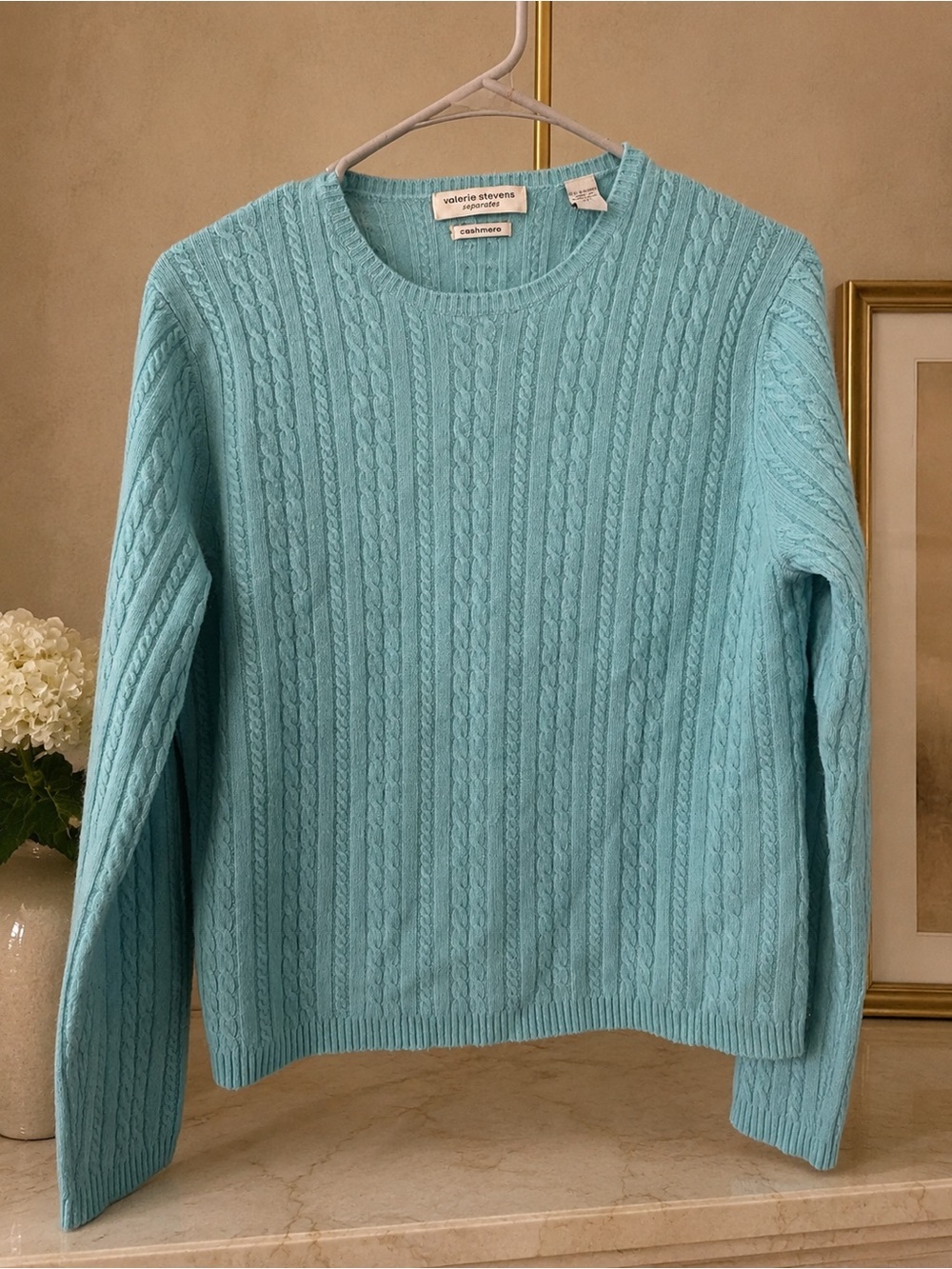 Valerie Stevens Separates Cashmere Cable-Knit Blue Crewneck Pullover Sweater M